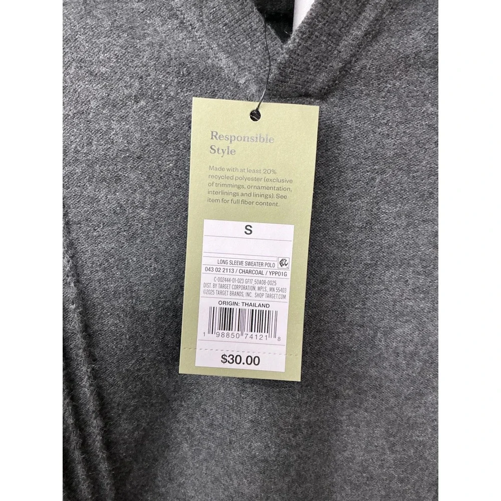 Goodfellow & Co Mens Charcoal Gray Long Sleeve Sweater Polo Ribbed Knit Small